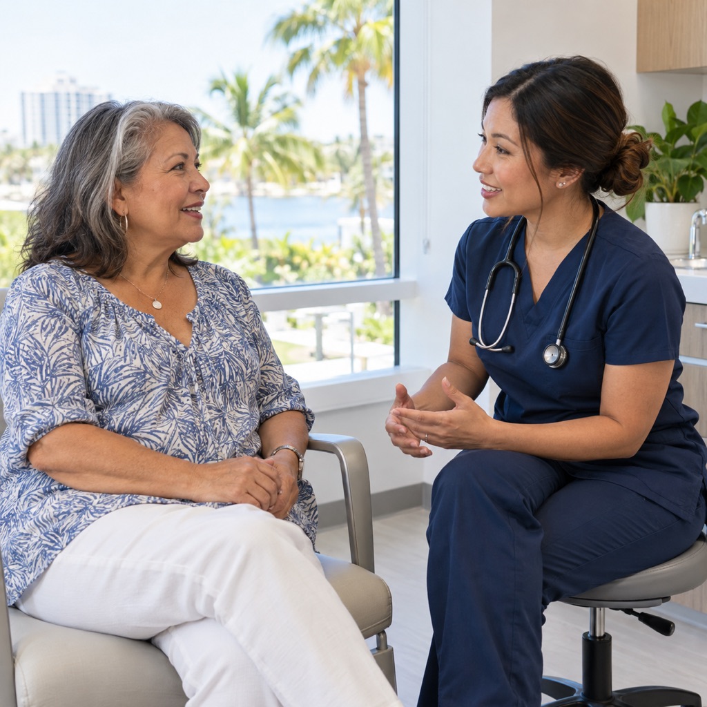 A patient in her fifties talking calmly with a staff member in a bright consultation room