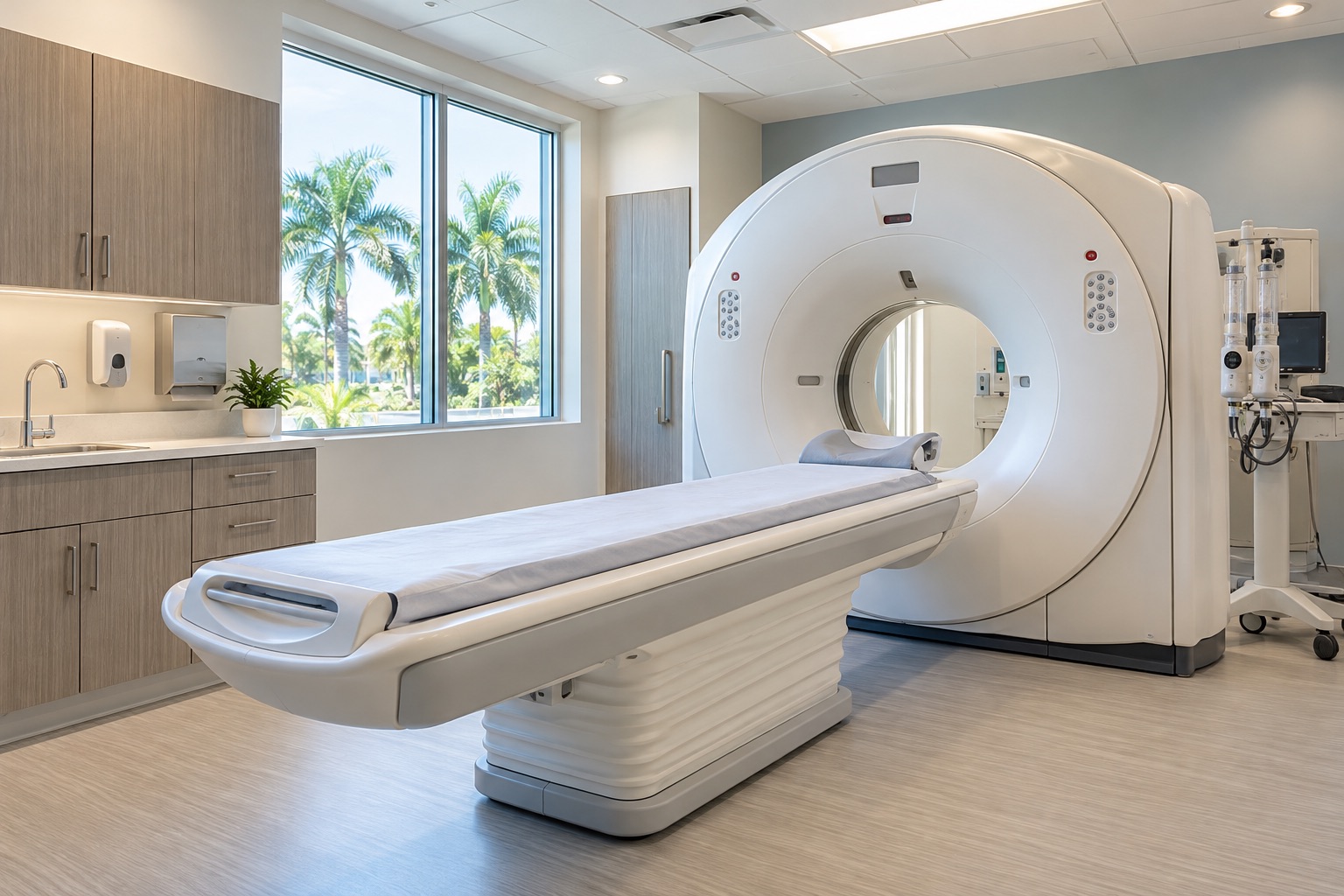 A bright, modern CT scanner room with an empty patient table